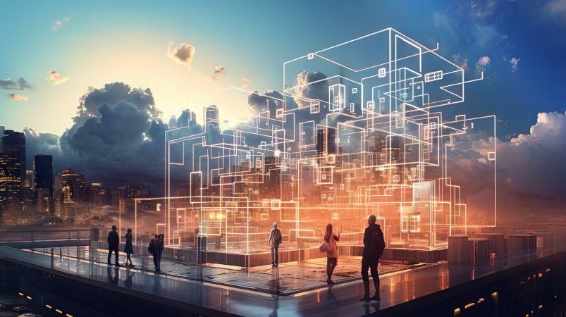 Menschen betrachten ein futuristisches digitales 3D-Modell eines Gebäudes, das den Einsatz von BIM-Technologien symbolisiert.